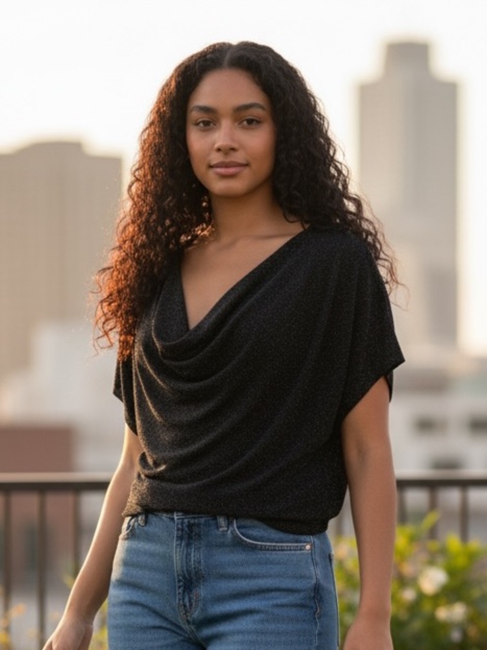 Black Draped Dolman Sleeve Blouse